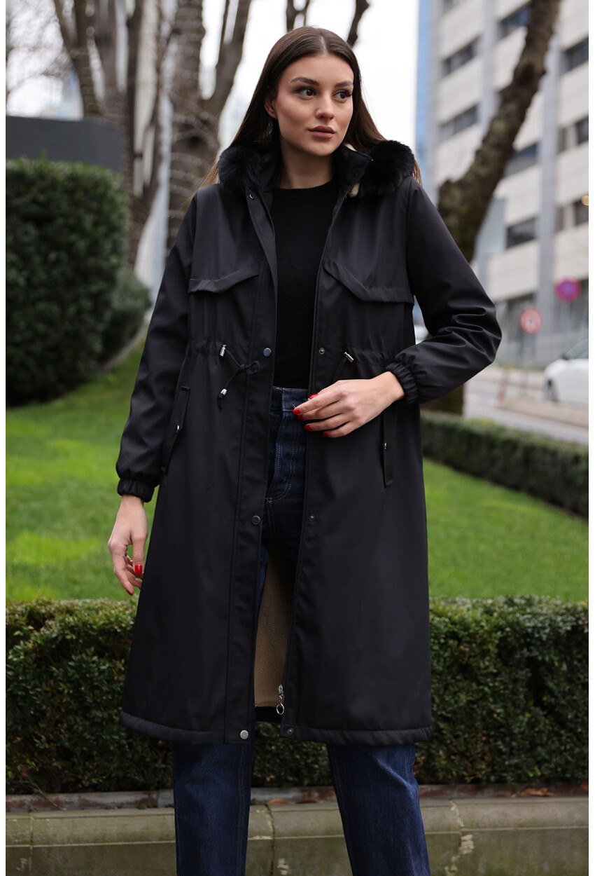 9135 Faux Fur Collar Fleece-Lined Long Coat