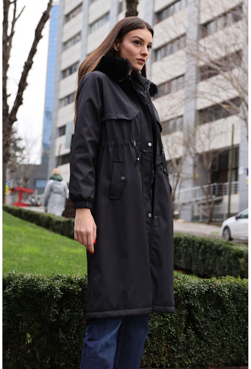 9135 Faux Fur Collar Fleece-Lined Long Coat