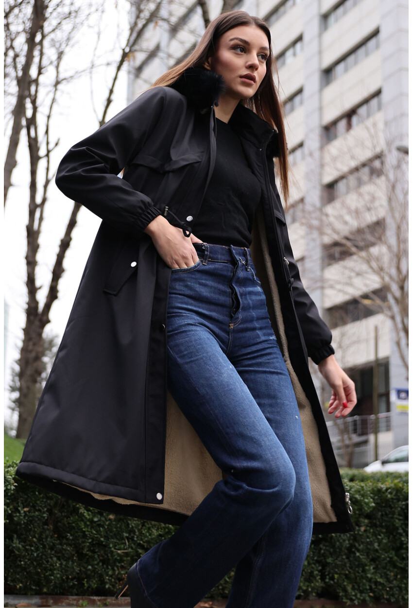 9135 Faux Fur Collar Fleece-Lined Long Coat