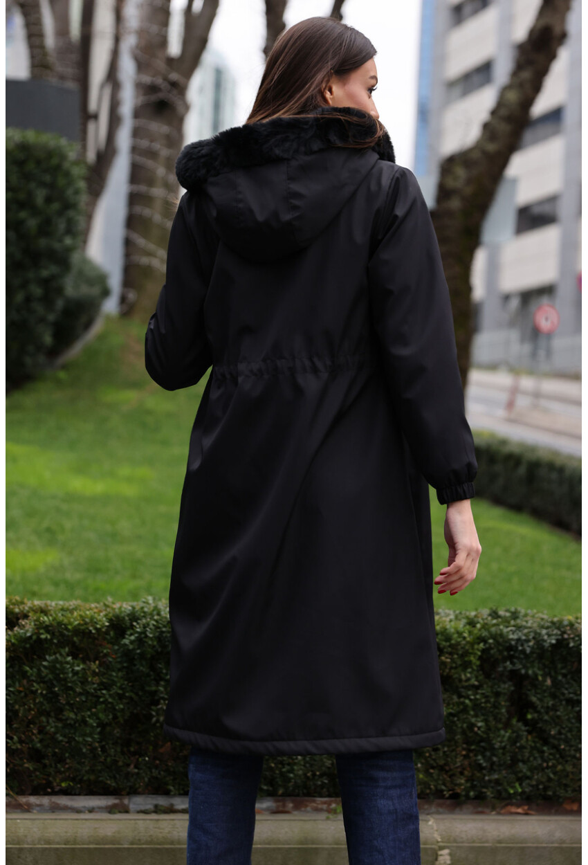 9135 Faux Fur Collar Fleece-Lined Long Coat