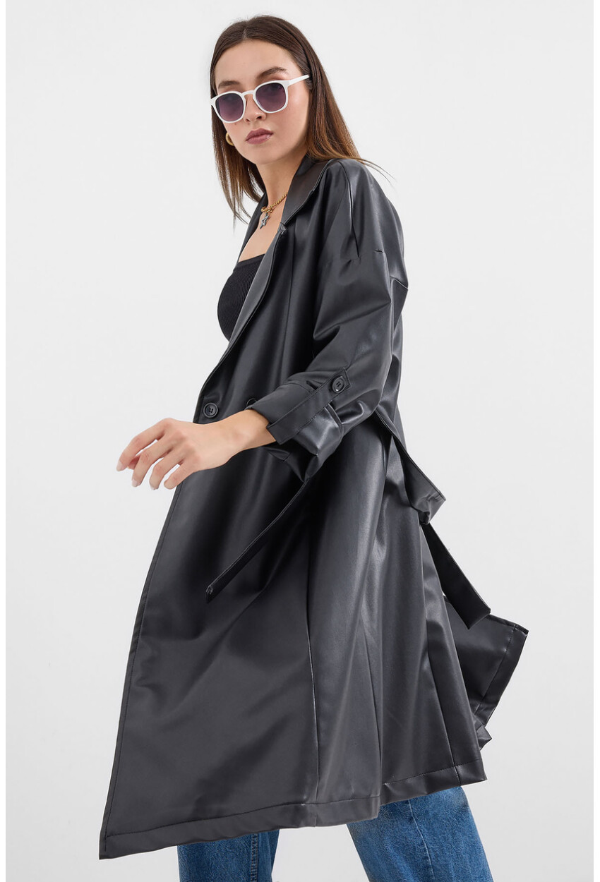 1034 Faux Leather Trench Coat With Belt