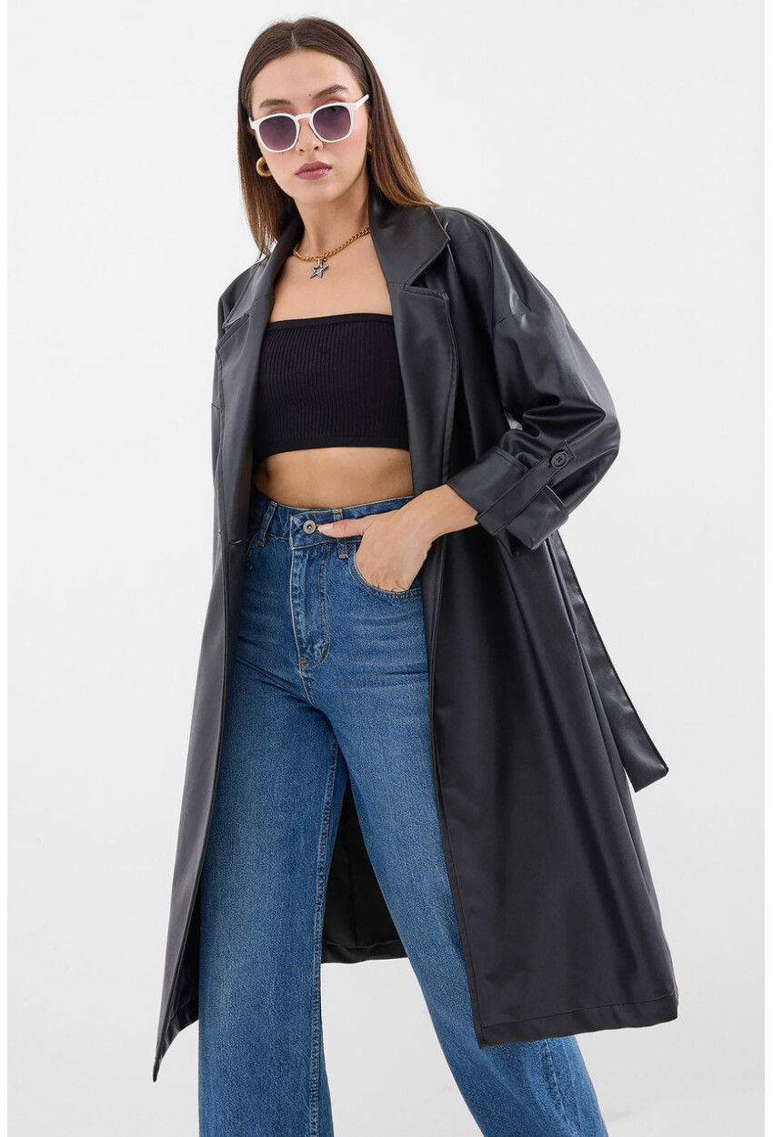 1034 Faux Leather Trench Coat With Belt