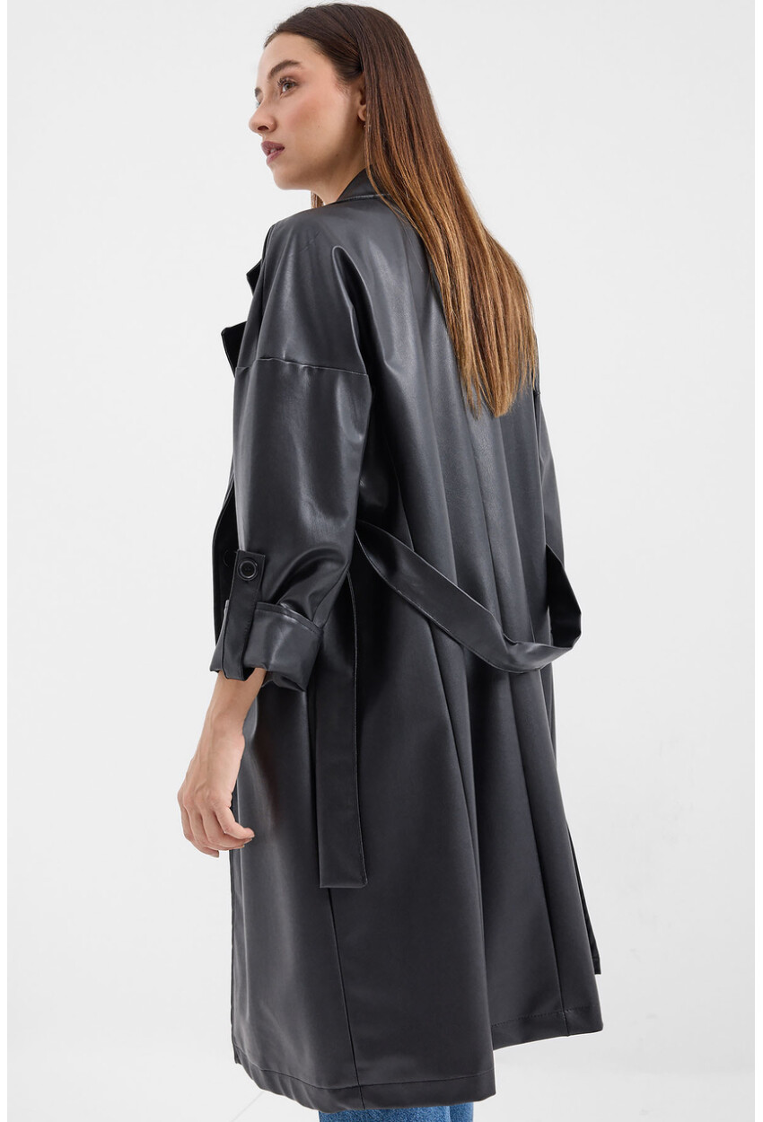 1034 Faux Leather Trench Coat With Belt