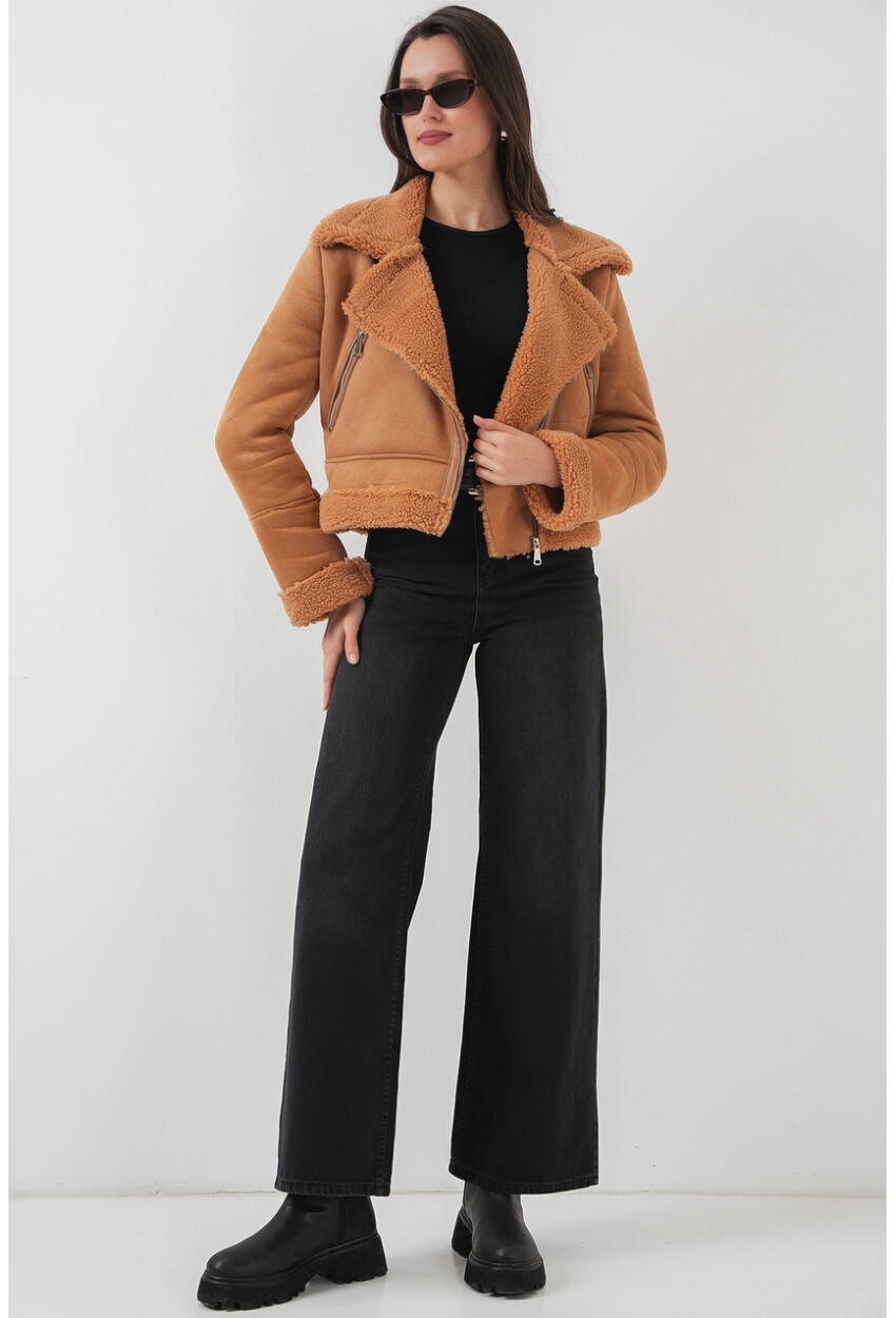 5155 Double-Breasted Faux Fur-Trimmed Leather Jacket