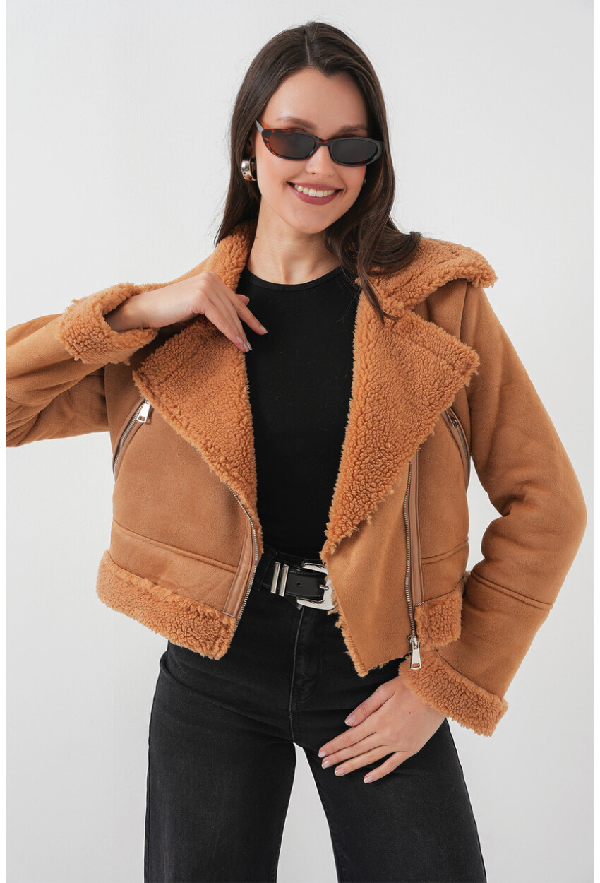 5155 Double-Breasted Faux Fur-Trimmed Leather Jacket