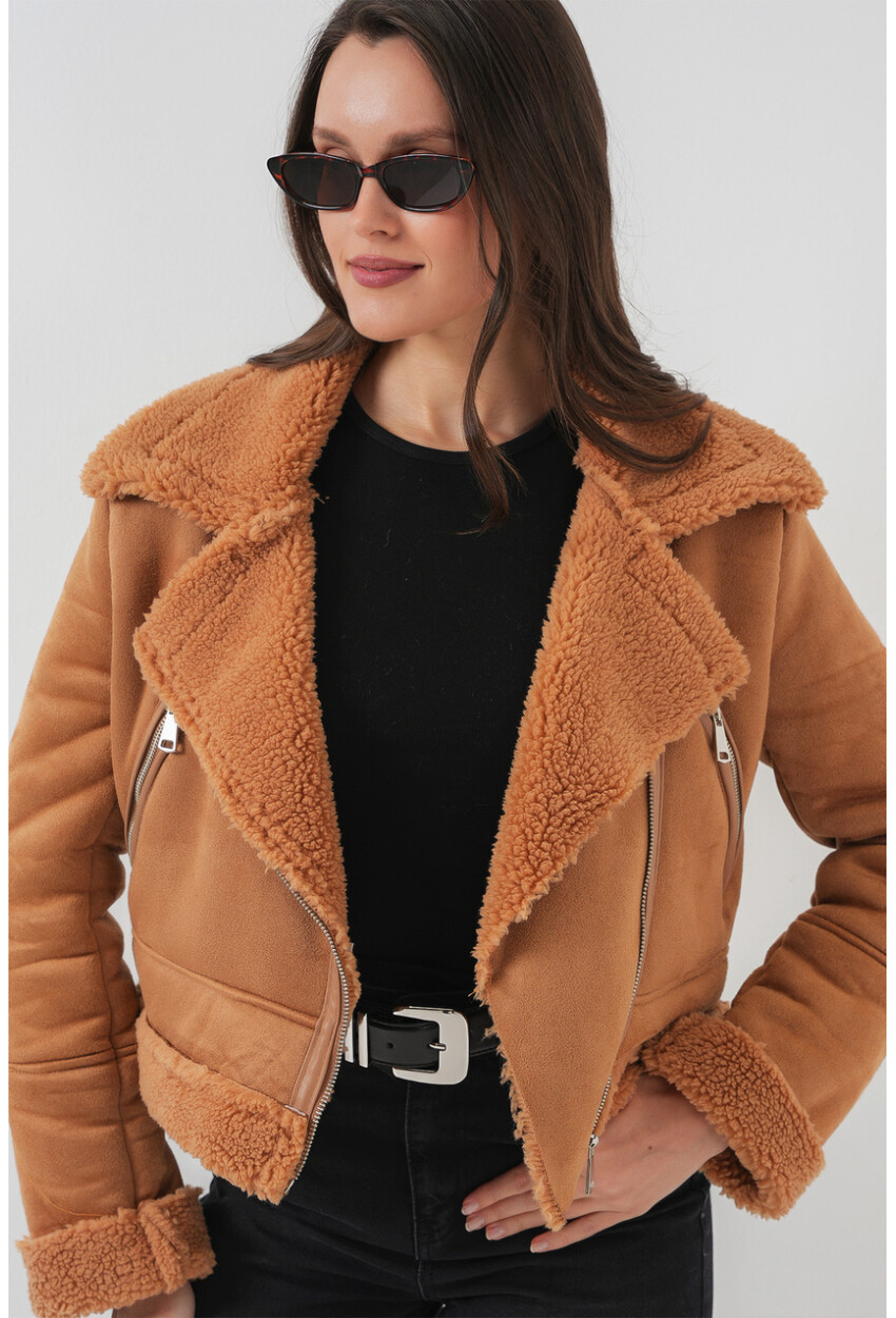 5155 Double-Breasted Faux Fur-Trimmed Leather Jacket