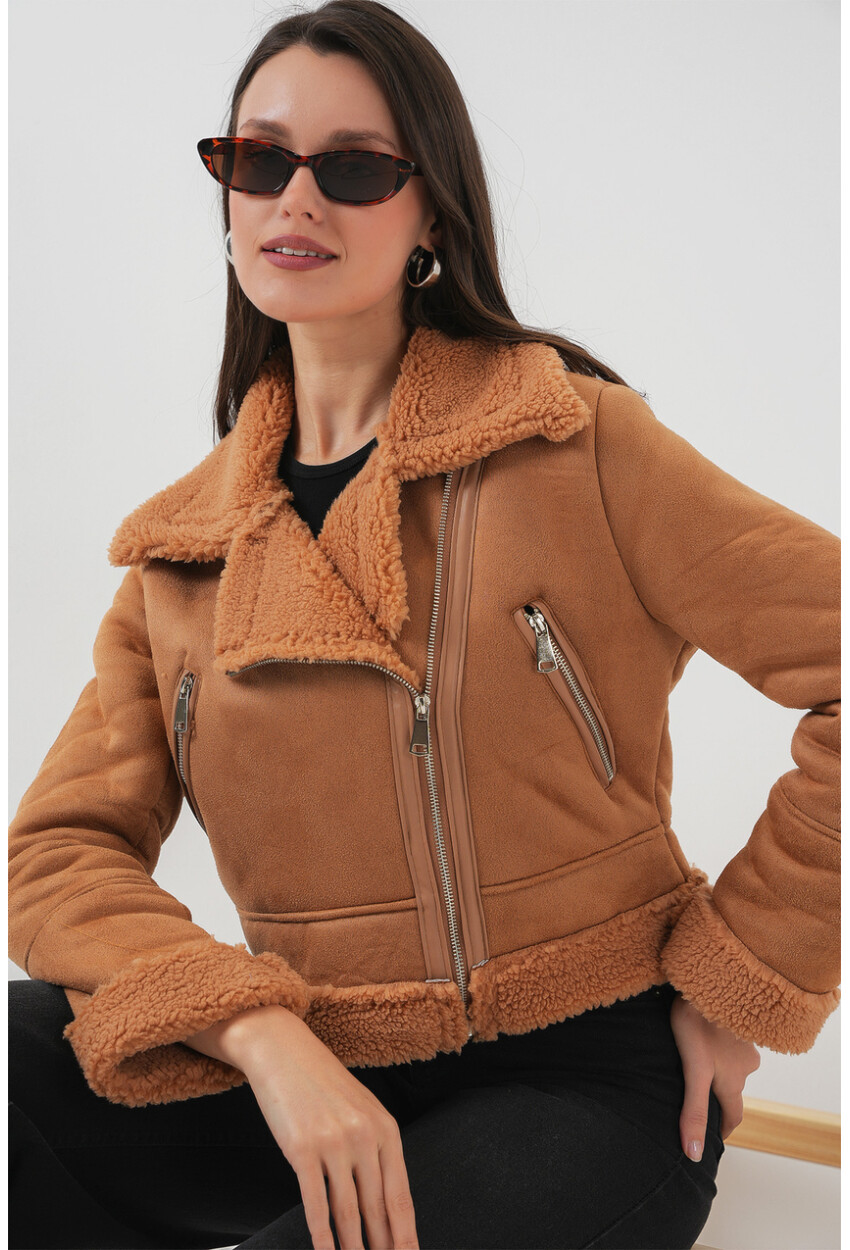 5155 Double-Breasted Faux Fur-Trimmed Leather Jacket