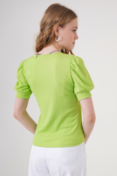 Merterium 0409 Kare Yaka Örme Bluz - E.Yeşil