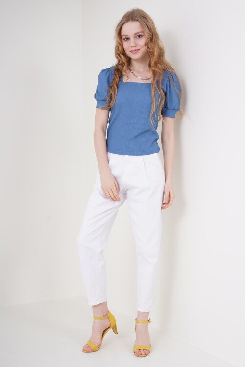 Merterium 0409 Kare Yaka Örme Bluz - İndigo