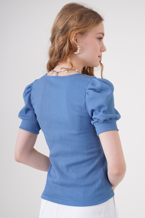 Merterium 0409 Kare Yaka Örme Bluz - İndigo