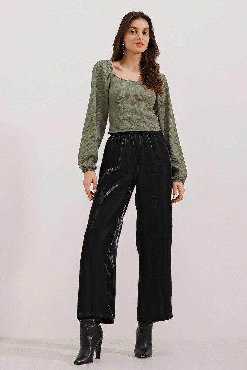 Merterium 0465 Balon Kollu Örme Bluz - Çağla