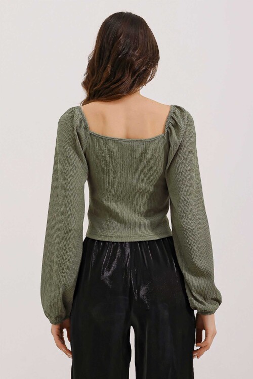 Merterium 0465 Balon Kollu Örme Bluz - Çağla