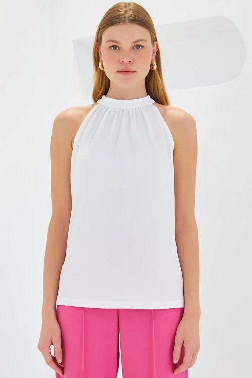 Merterium 0489 Halter Yaka Örme Bluz - Beyaz