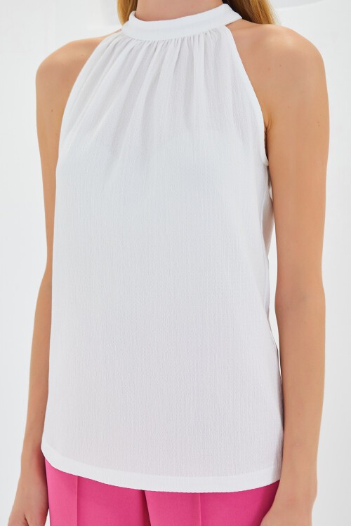 Merterium 0489 Halter Yaka Örme Bluz - Beyaz