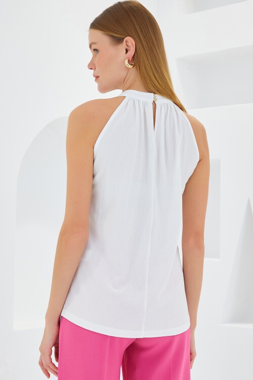 Merterium 0489 Halter Yaka Örme Bluz - Beyaz