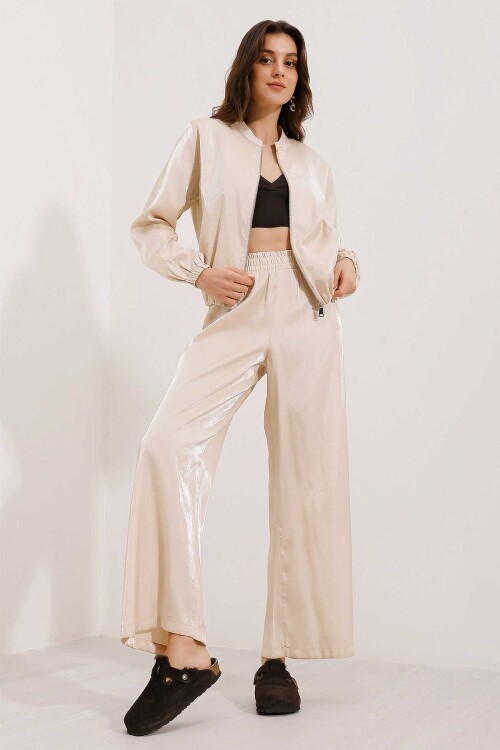 Merterium 0696 Parlak Kumaş İkili Takım - Krem