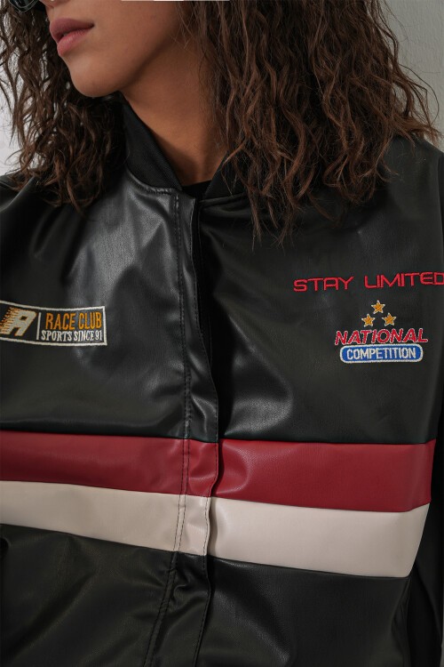 Merterium 0698 Baskılı Suni Deri Bomber Ceket - Siyah