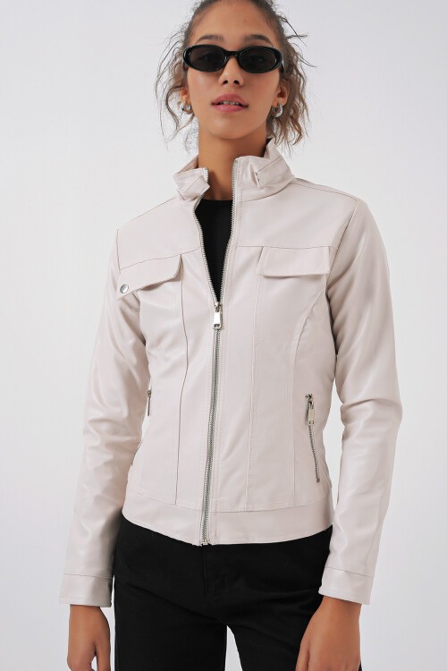 Merterium 1024 Dik Yaka Deri Mont - Ekru