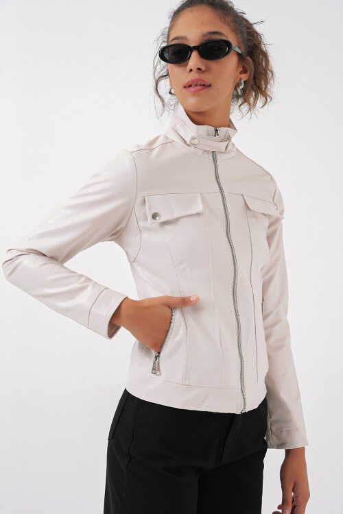 Merterium 1024 Dik Yaka Deri Mont - Ekru