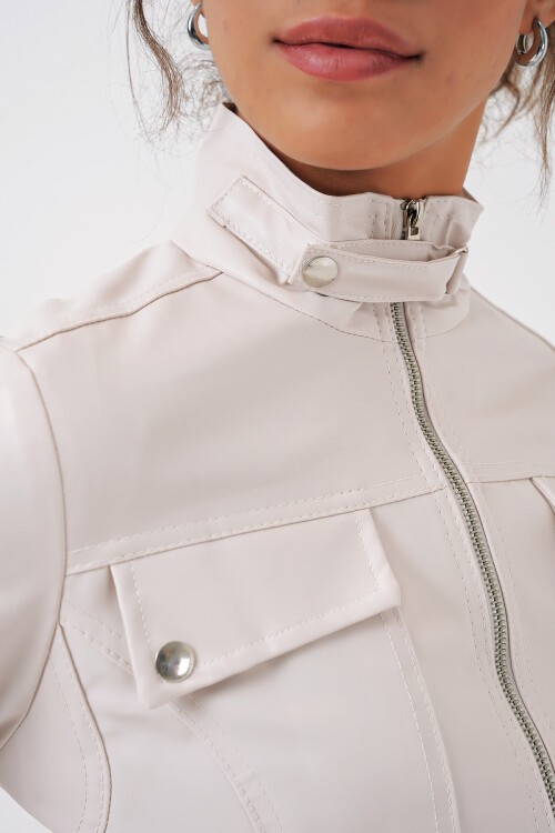 Merterium 1024 Dik Yaka Deri Mont - Ekru