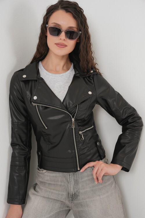 Merterium 1025 Suni Deri Biker Ceket - Siyah