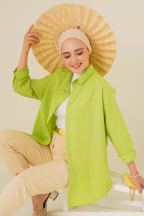Merterium 103901 Oversize Basic Tesettür Gömlek - G.Yeşil