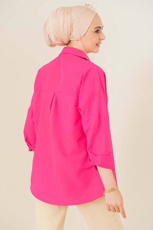 Merterium 103901 Oversize Basic Tesettür Gömlek - Koyu Pembe