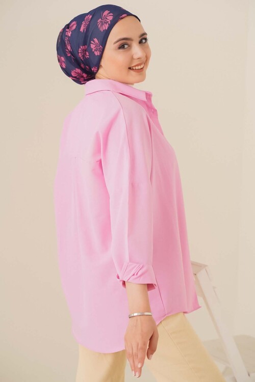 Merterium 103901 Oversize Basic Tesettür Gömlek - Pembe