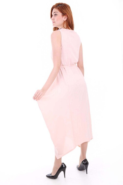 Merterium 1512 Önü Nakışlı Elbise - Pudra