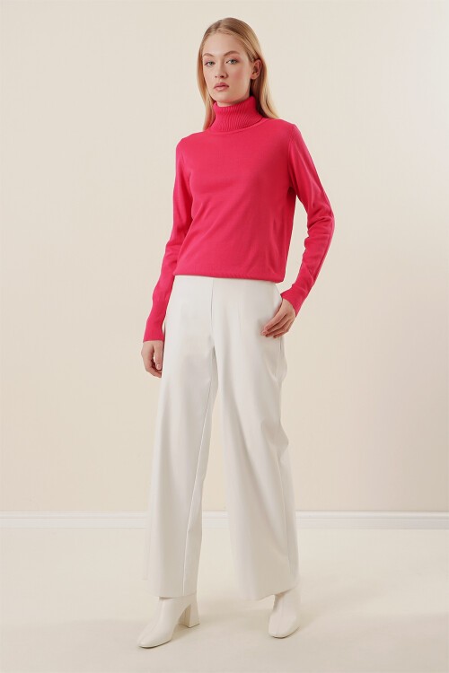 Merterium 15747 Balıkçı Yaka Triko Kazak - Fuşya