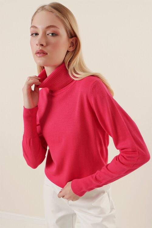 Merterium 15747 Balıkçı Yaka Triko Kazak - Fuşya