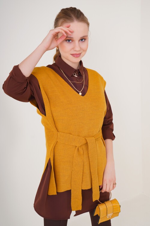 Merterium 15760 Kuşaklı Triko Süveter - Hardal