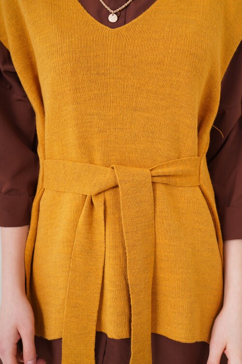 Merterium 15760 Kuşaklı Triko Süveter - Hardal