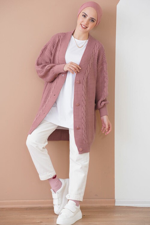 Merterium 15768 Tesettür Triko Hırka - Gül Kurusu