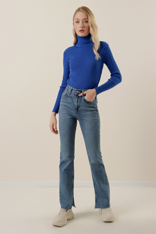 Merterium 15796 Balıkçı Yaka Fitilli Kazak - Saks