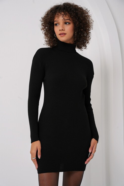 Merterium 15797 Balıkçı Yaka Triko Elbise - Siyah