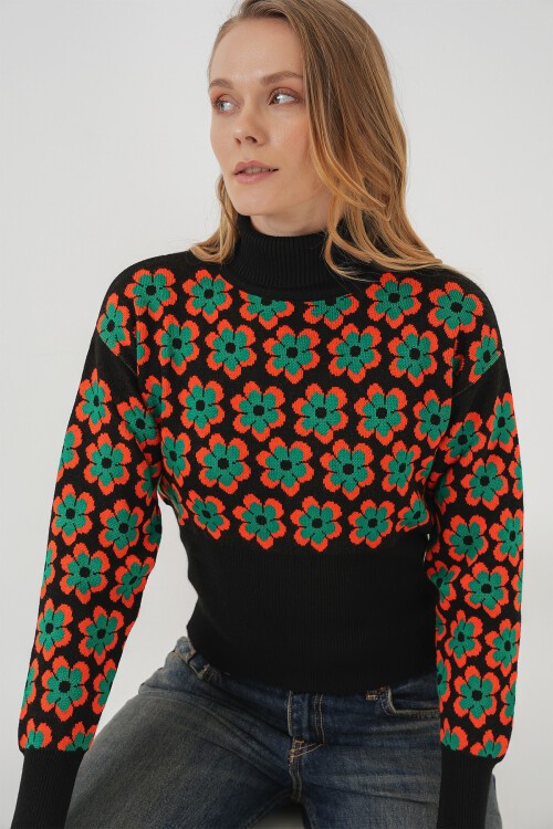 Merterium 15801 Boğazlı Desenli Crop Kazak - Turuncu