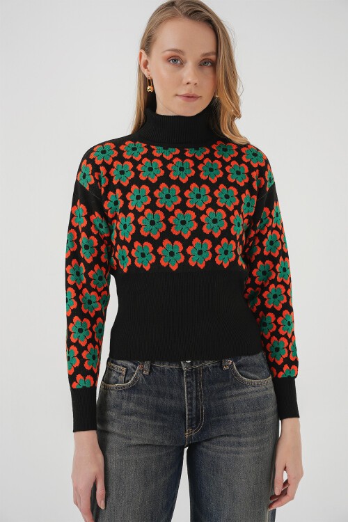 Merterium 15801 Boğazlı Desenli Crop Kazak - Turuncu