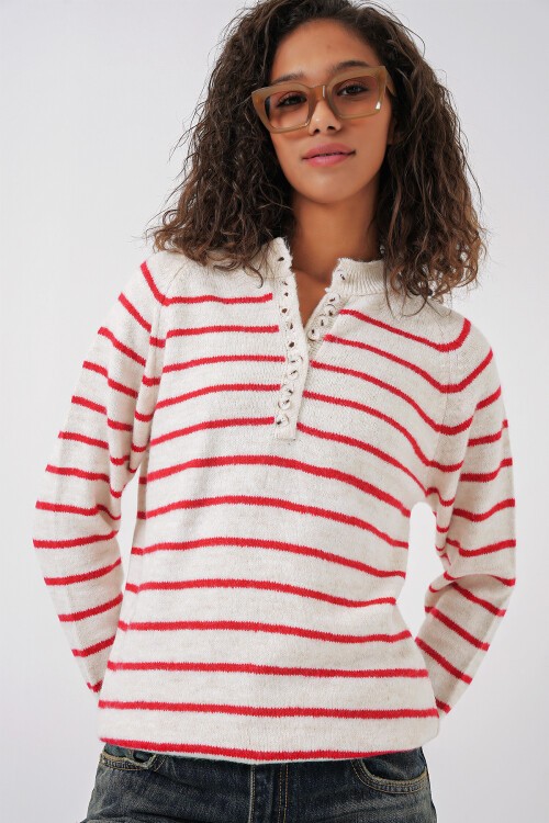 Merterium 15808 Düğmeli Kazak - Bordo