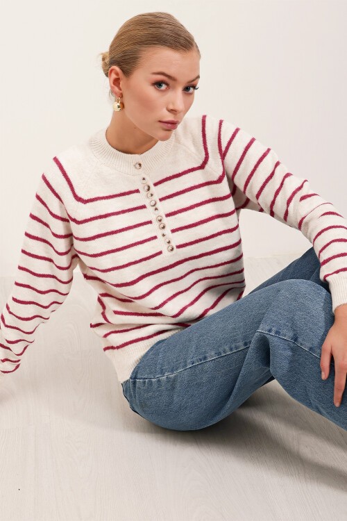 Merterium 15808 Düğmeli Kazak - C. Fuşya