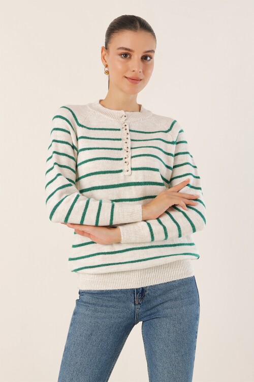 Merterium 15808 Düğmeli Kazak - Ekru