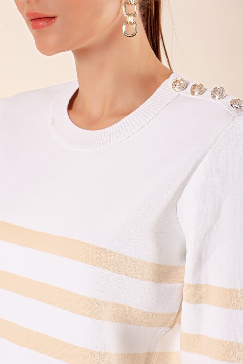 Merterium 15820 Düğme Detay Çizgili Kazak - C. Bej