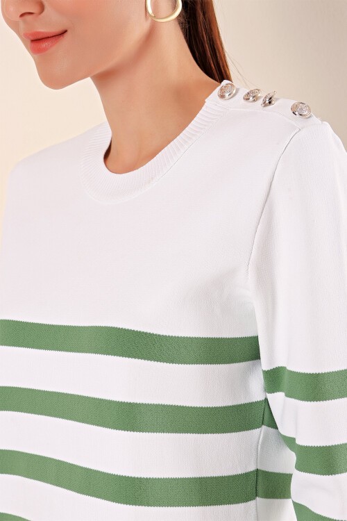 Merterium 15820 Düğme Detay Çizgili Kazak - C. Çağla