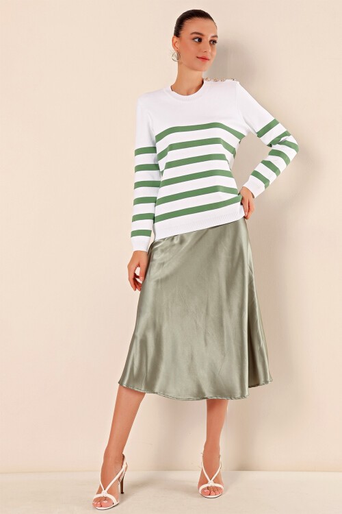 Merterium 15820 Düğme Detay Çizgili Kazak - C. Çağla