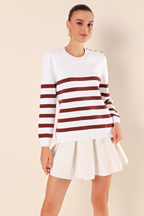 Merterium 15820 Düğme Detay Çizgili Kazak - C. Kahverengi