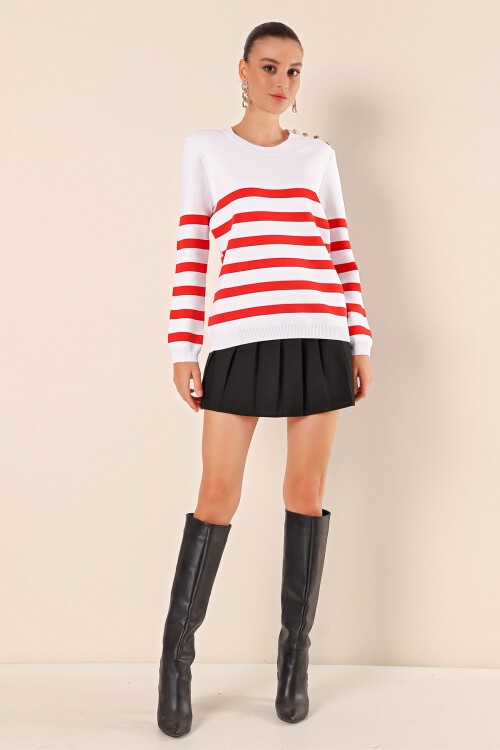 Merterium 15820 Düğme Detay Çizgili Kazak - C.Kırmızı