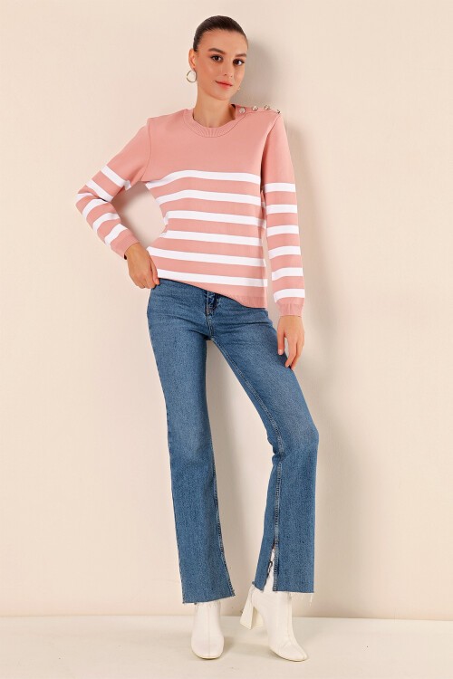 Merterium 15820 Düğme Detay Çizgili Kazak - Pudra