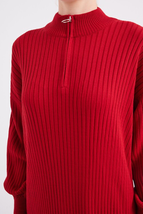 Merterium 15839 Boydan Triko Elbise - Kırmızı