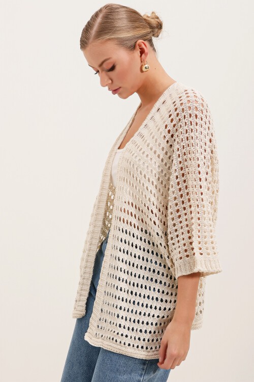 Merterium 15855 Ajurlu/Delikli Oversize Hırka - Taş