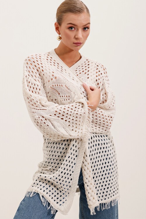 Merterium 15857 Ajurlu/Delikli Oversize Hırka - Taş